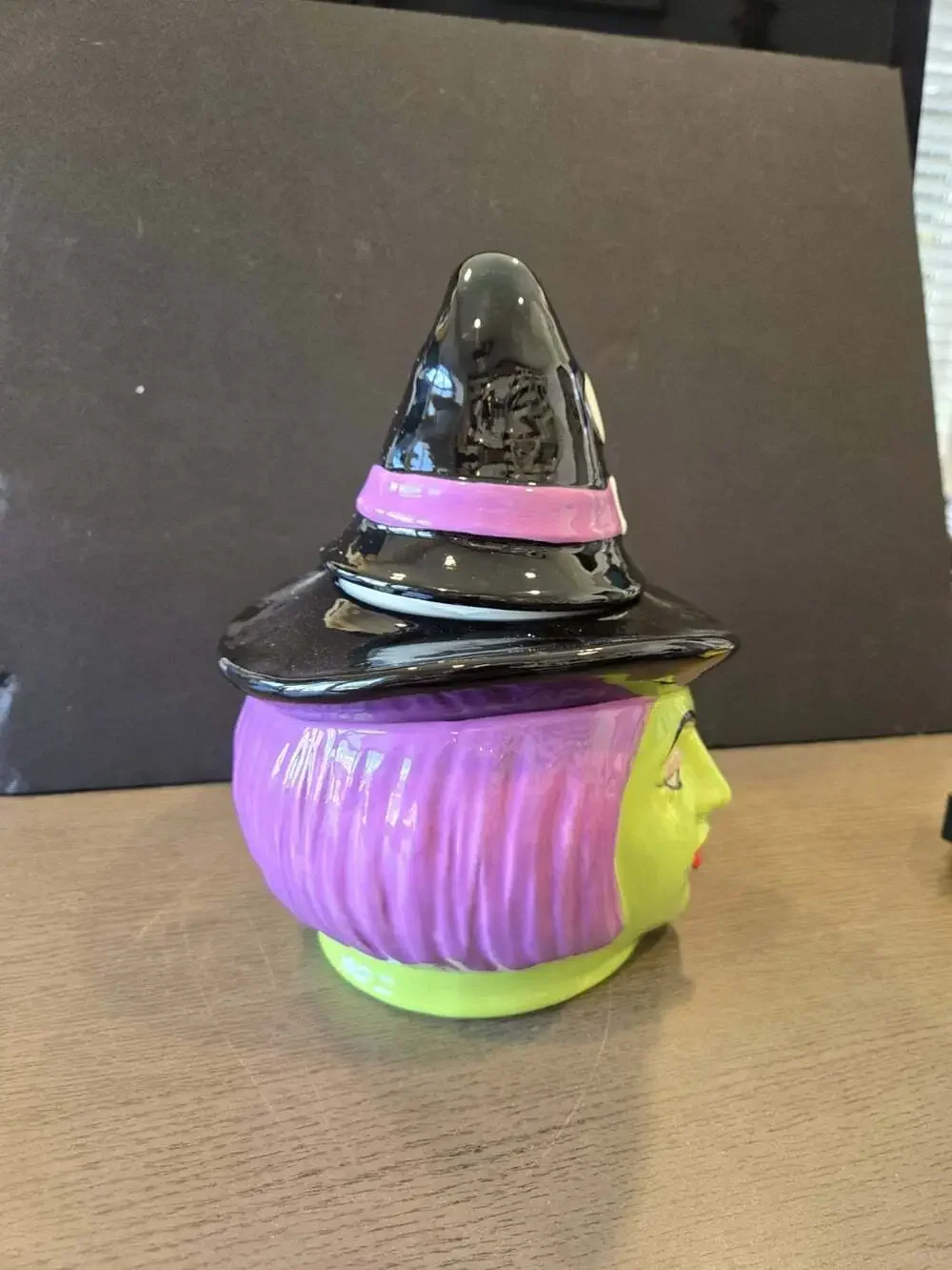New Halloween Witch Head Green Face Purple Hair Cookie Jar Kitchen